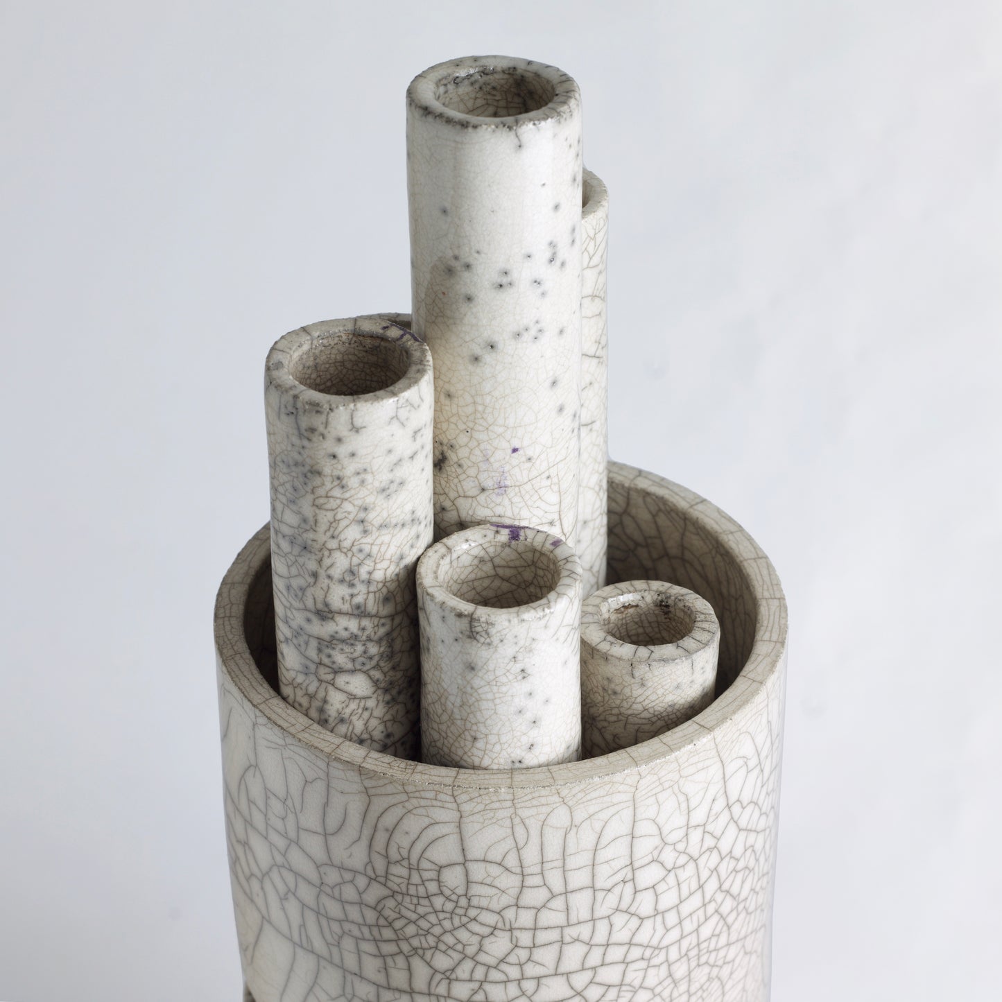 Modern Metropolis L Candle Holder Sculpture Raku Ceramic White Crakle