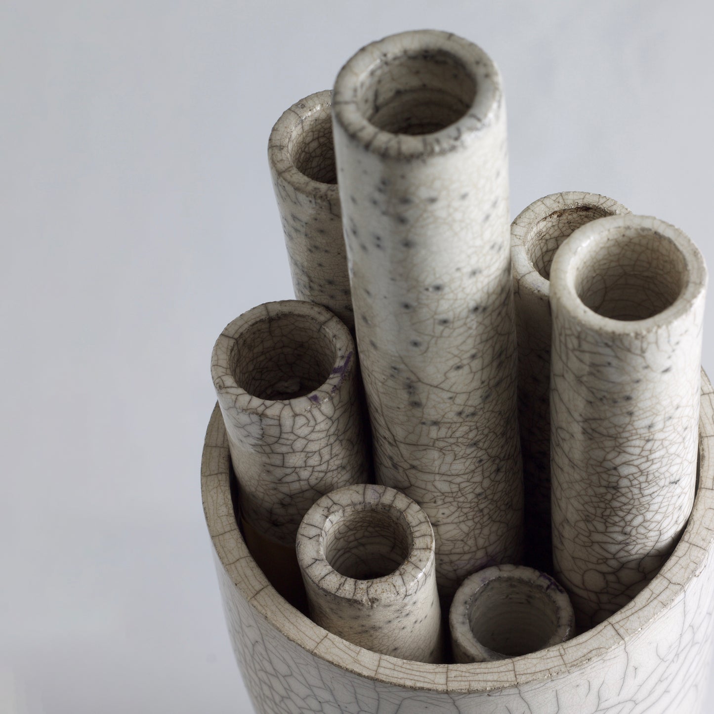 Modern Metropolis L Candle Holder Sculpture Raku Ceramic White Crakle