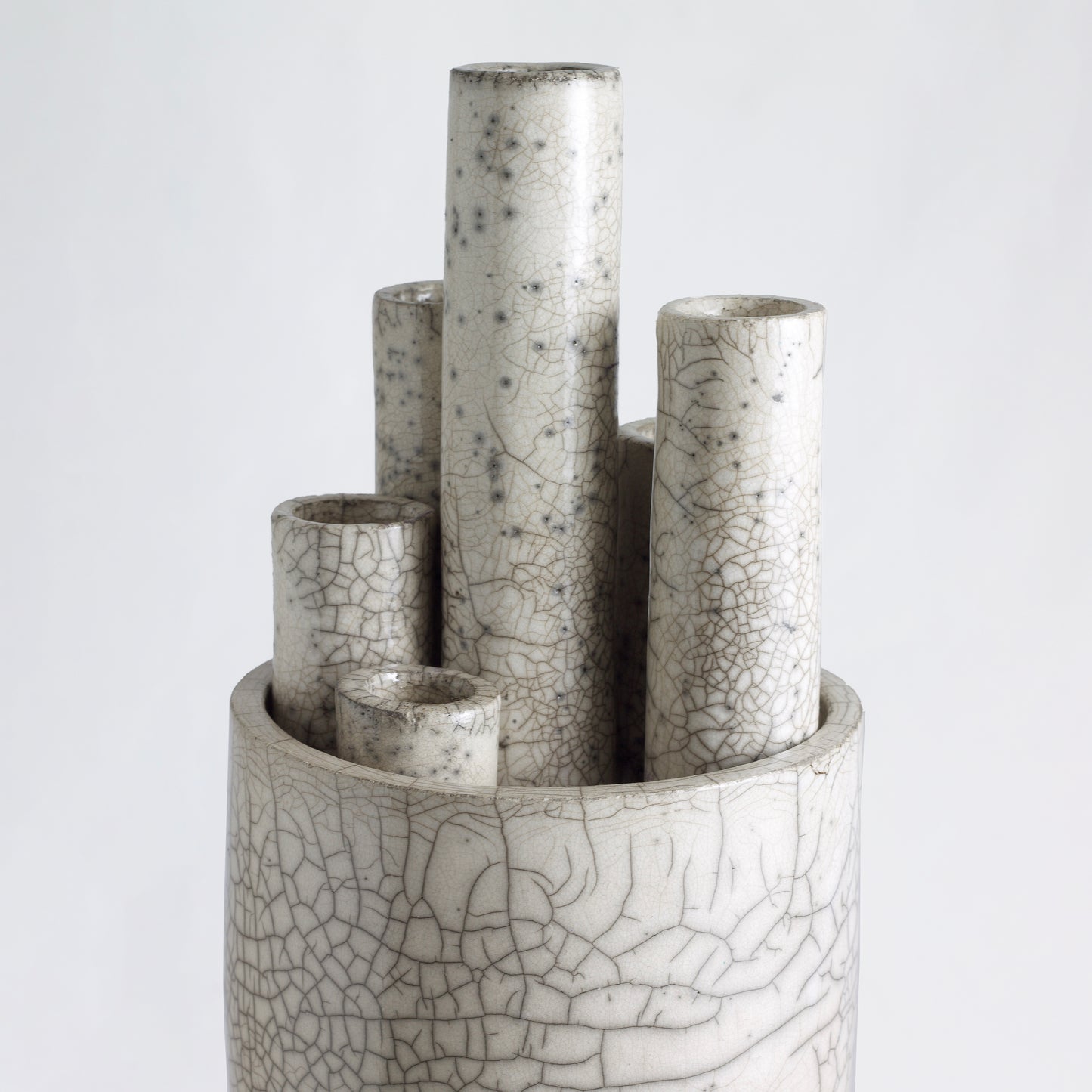 Modern Metropolis L Candle Holder Sculpture Raku Ceramic White Crakle