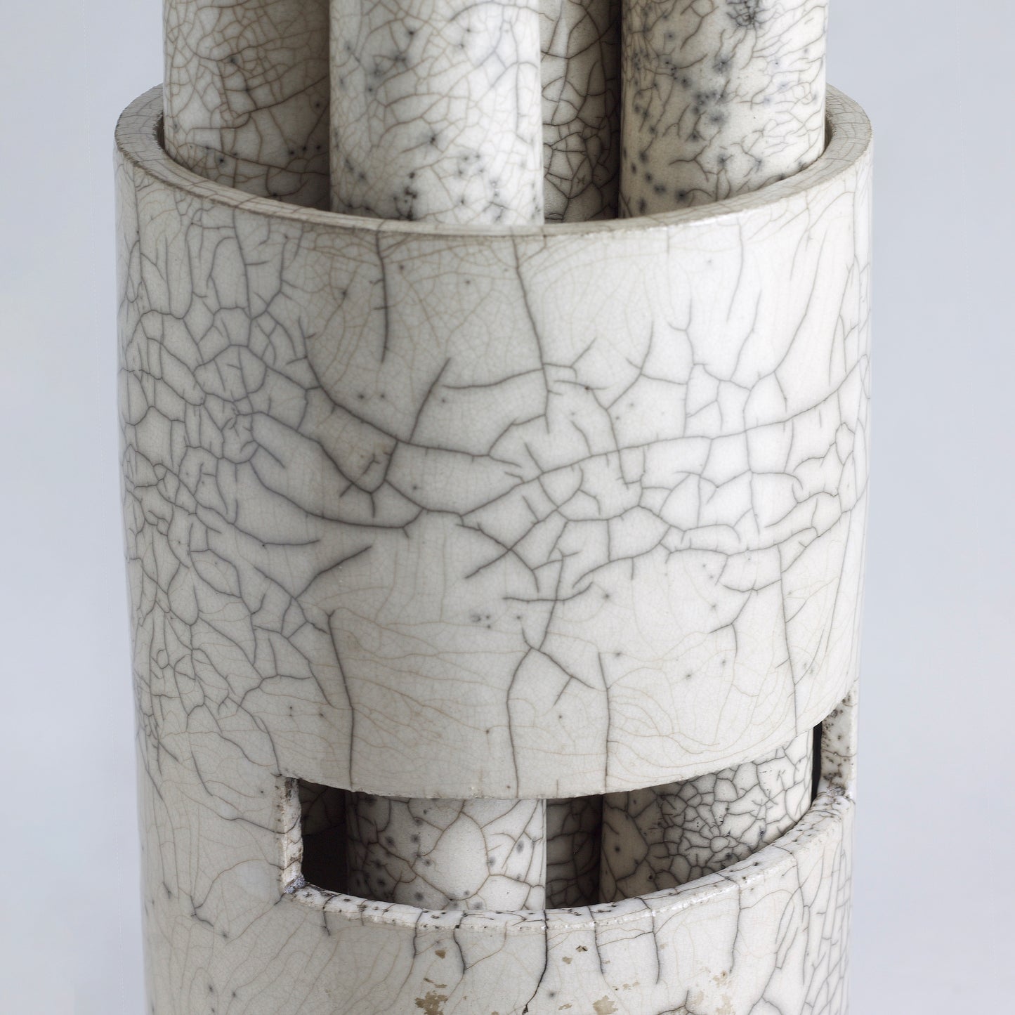 Modern Metropolis L Candle Holder Sculpture Raku Ceramic White Crakle