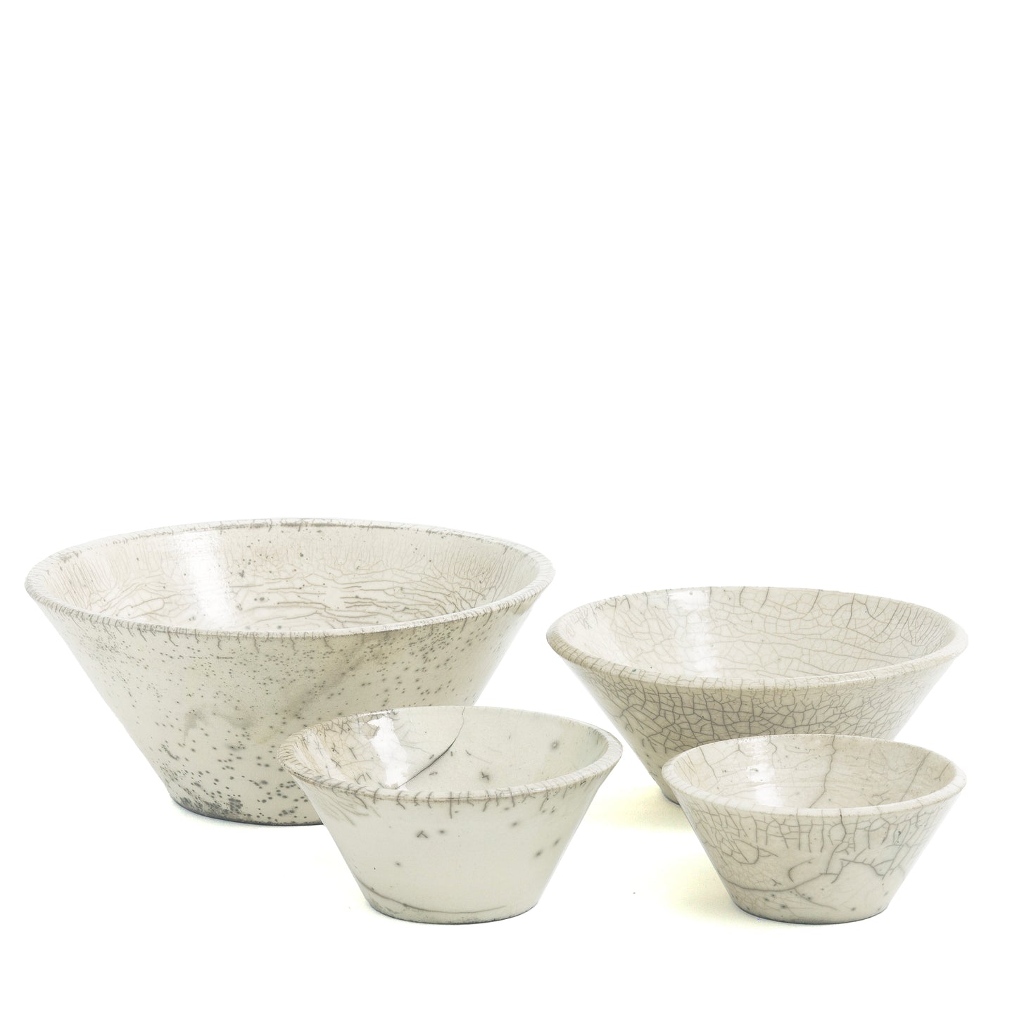 Japanese Minimalistic Moon Set of 4 Bowls Raku Ceramics Crackle White