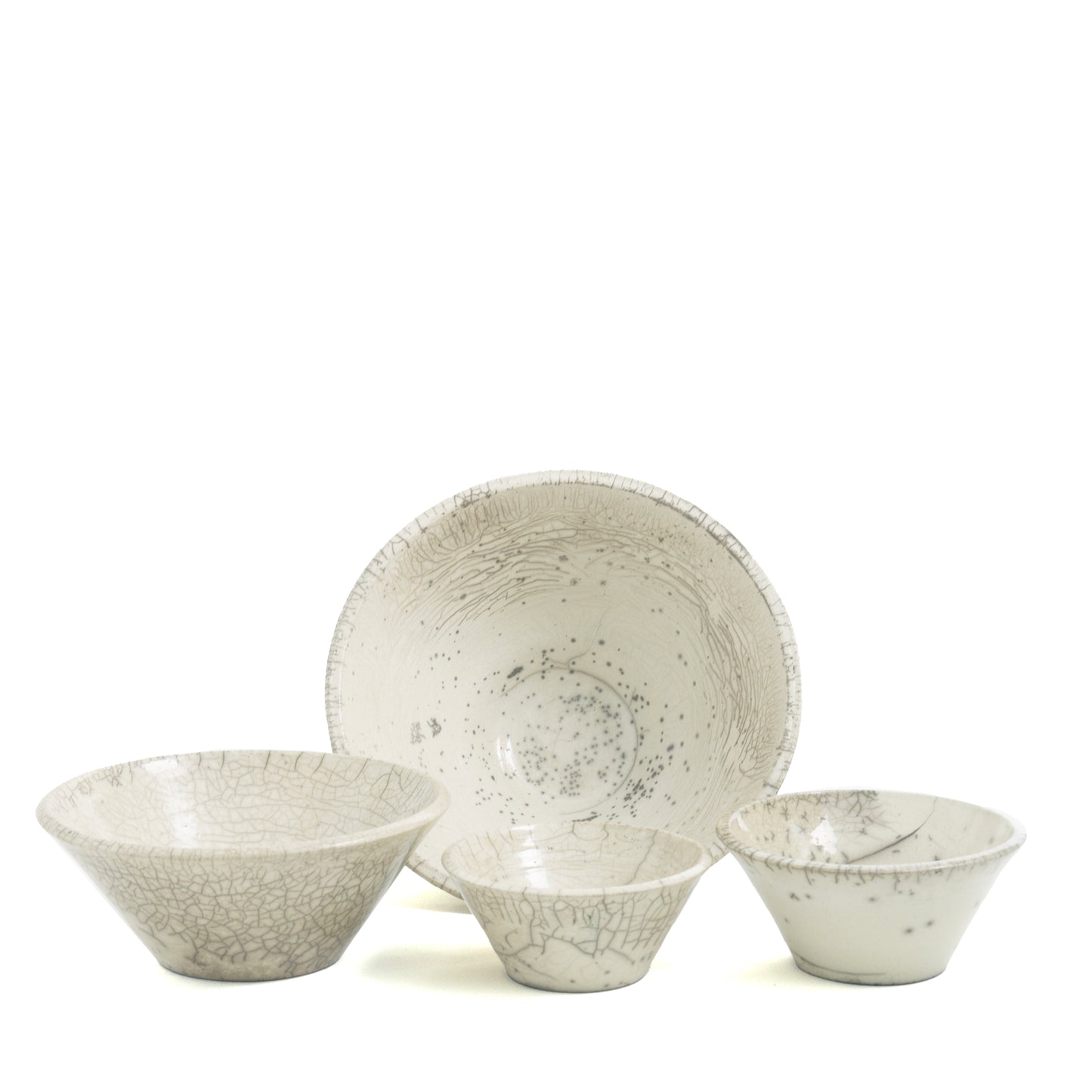 Japanese Minimalistic Moon Set of 4 Bowls Raku Ceramics Crackle White