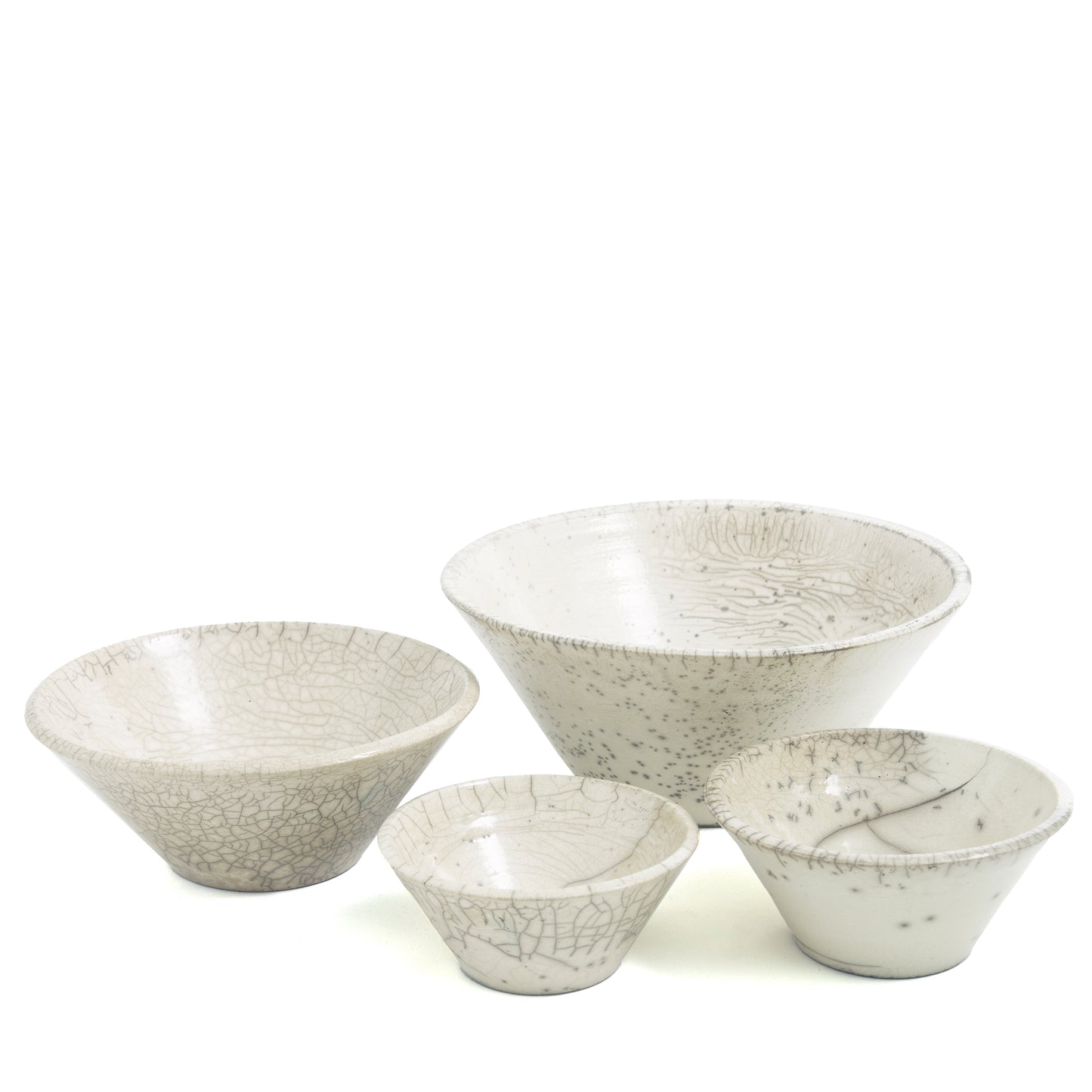 Japanese Minimalistic Moon Set of 4 Bowls Raku Ceramics Crackle White