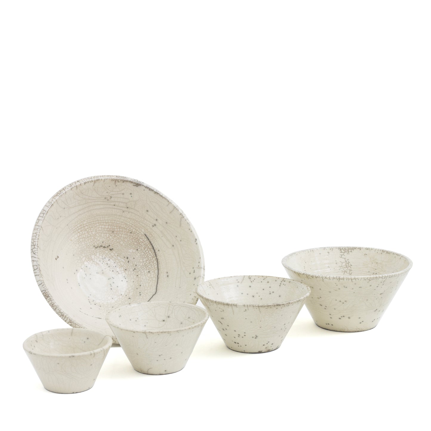 Japanese Minimalistic Moon Set of 5 Bowls Raku Ceramics Crackle White