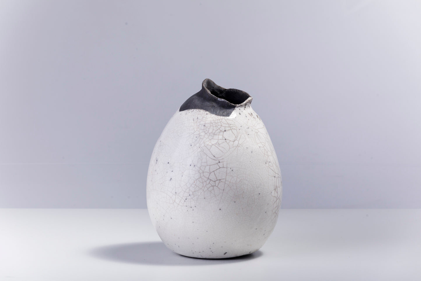 Japanese Modern Impermanenza Black Sculpture Raku Ceramic White Crakle