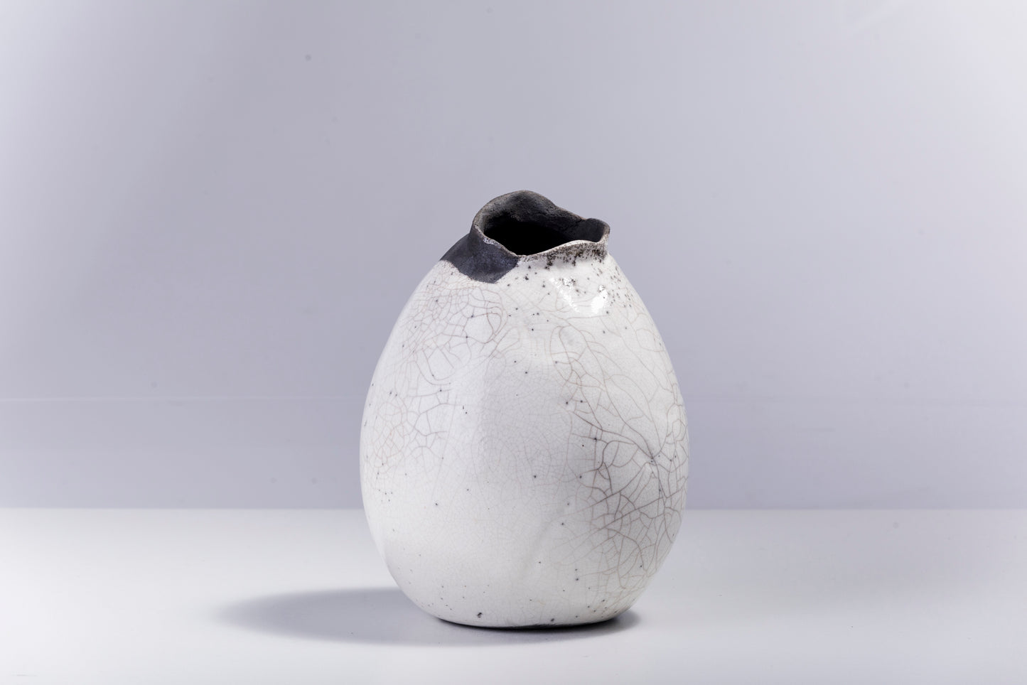 Japanese Modern Impermanenza Black Sculpture Raku Ceramic White Crakle