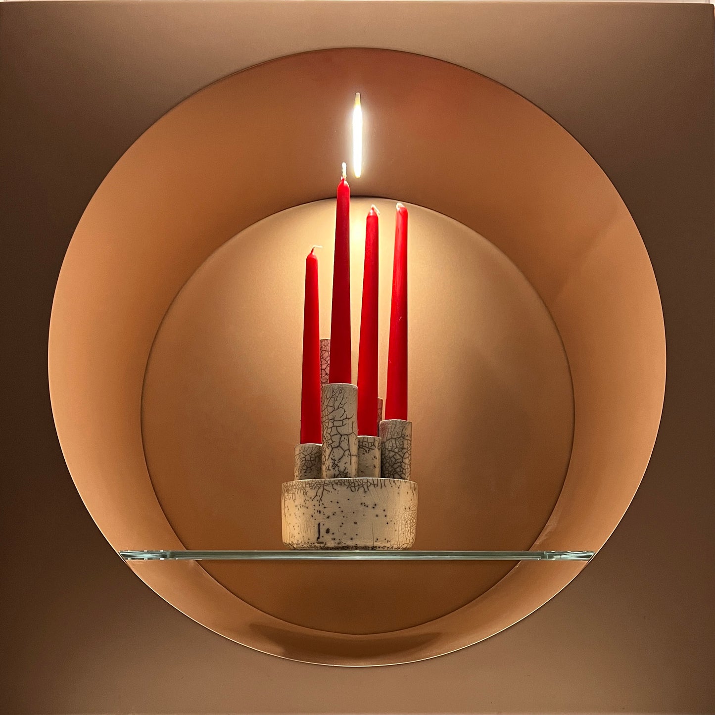 Modern Metropolis M Candle Holder Sculpture Raku Ceramic White Crakle