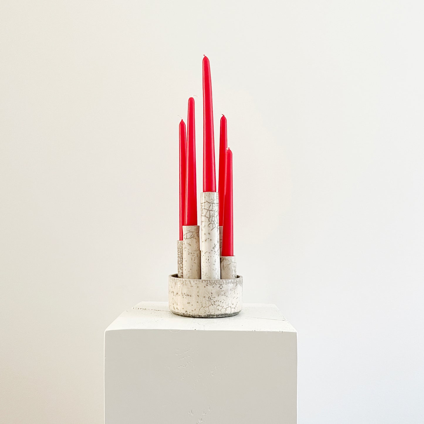 Modern Metropolis M Candle Holder Sculpture Raku Ceramic White Crakle