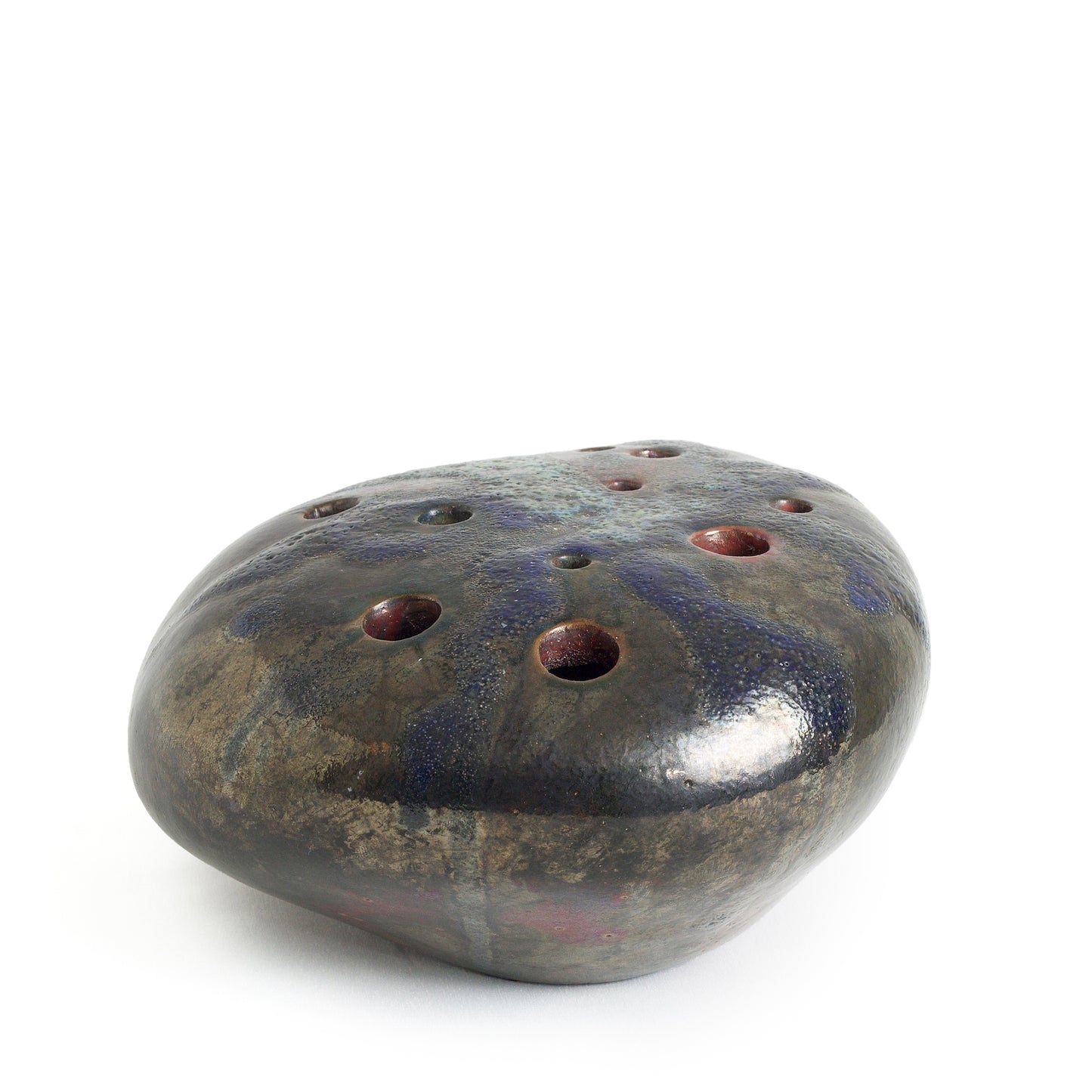Modern River Pebble Ikebana Incense Holder Raku Ceramics Green Copper