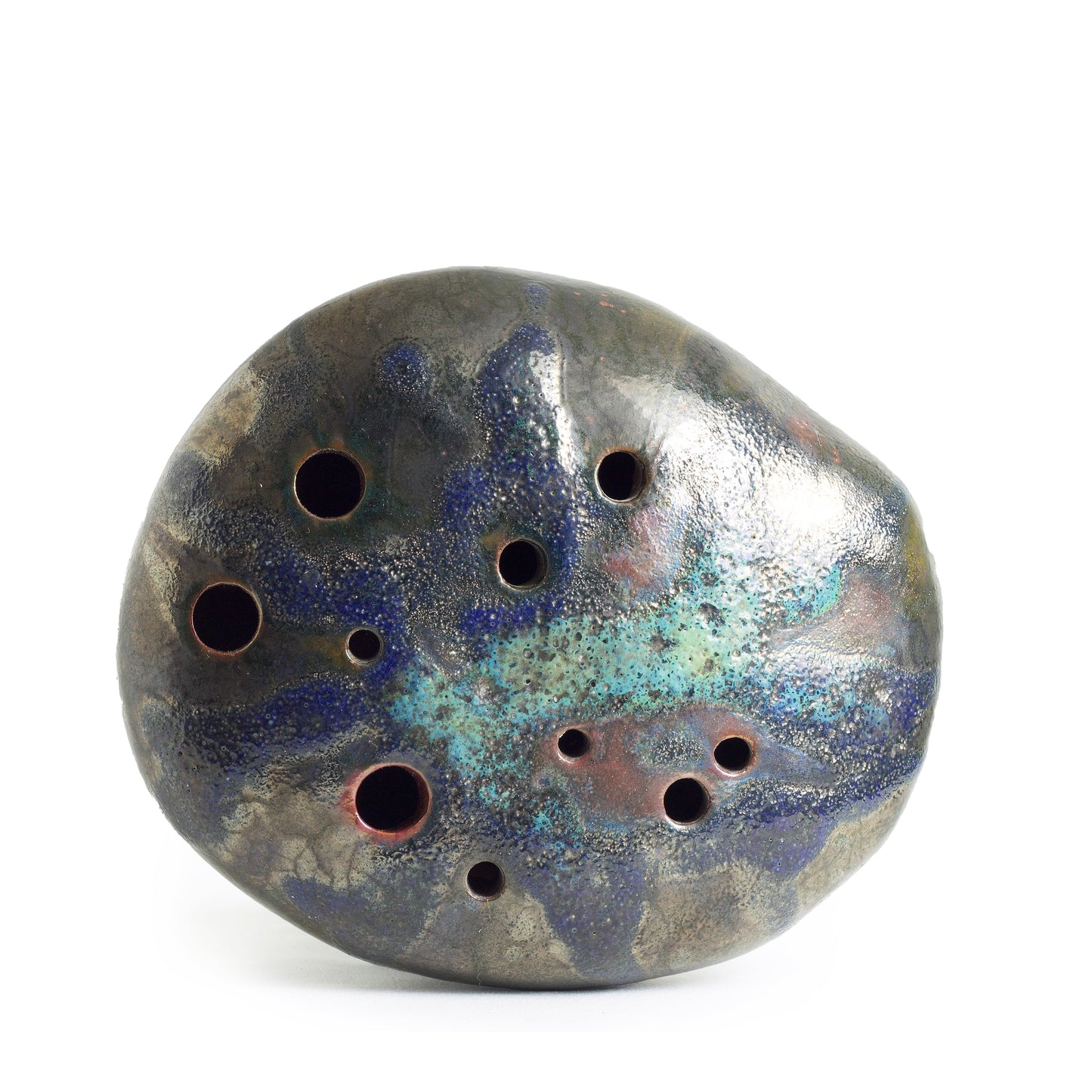 Modern River Pebble Ikebana Incense Holder Raku Ceramics Green Copper