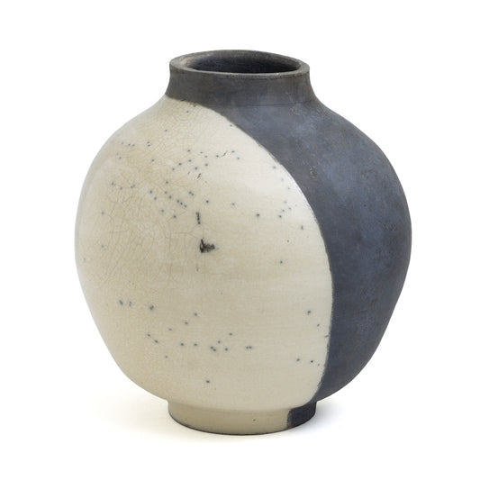 Japanese Modern Minimalist Shadow Sculpture Raku Ceramic White Black Crakle