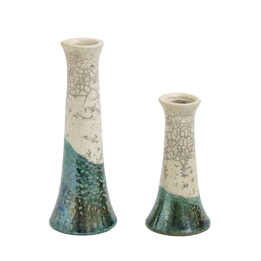 Japanese Modern Stelo Flow Set of 2 Candle Holders Raku Ceramic White Green