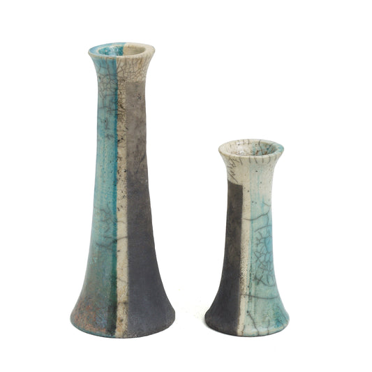 Japanese Modern Stelo Wake Set of 2 Candle Holders Raku Ceramic White Green