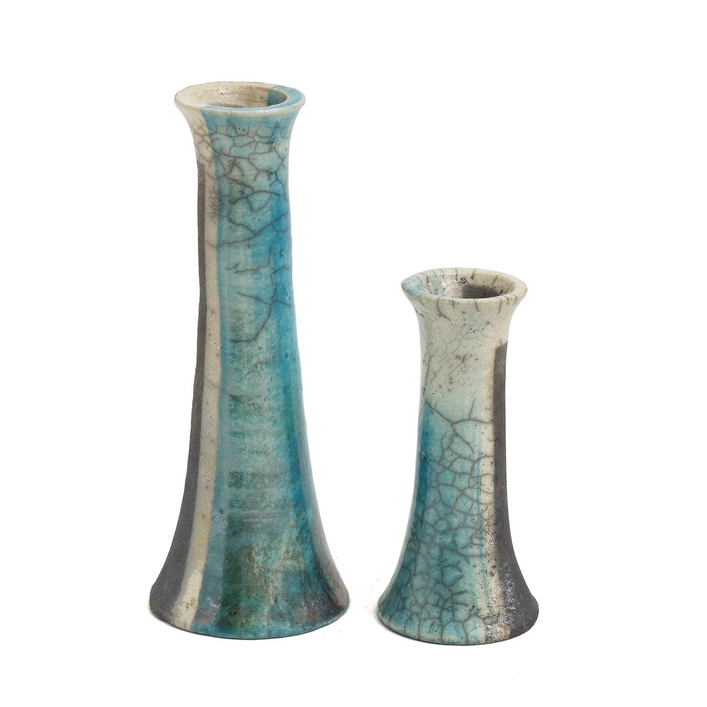 Japanese Modern Stelo Wake Set of 2 Candle Holders Raku Ceramic White Green