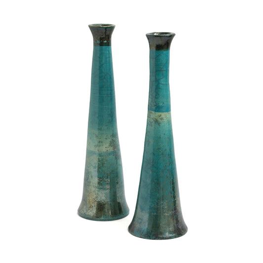 Japanese Modern Tamu Set of 2 Candle Holders Raku Ceramic Black Green