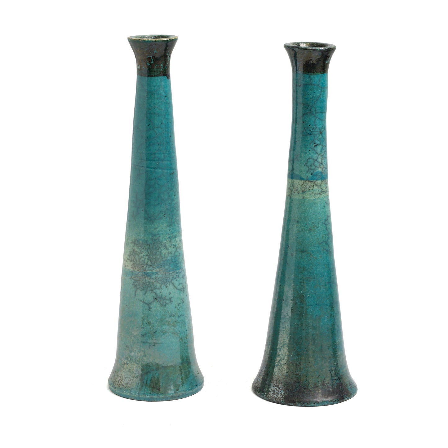 Japanese Modern Tamu Set of 2 Candle Holders Raku Ceramic Black Green