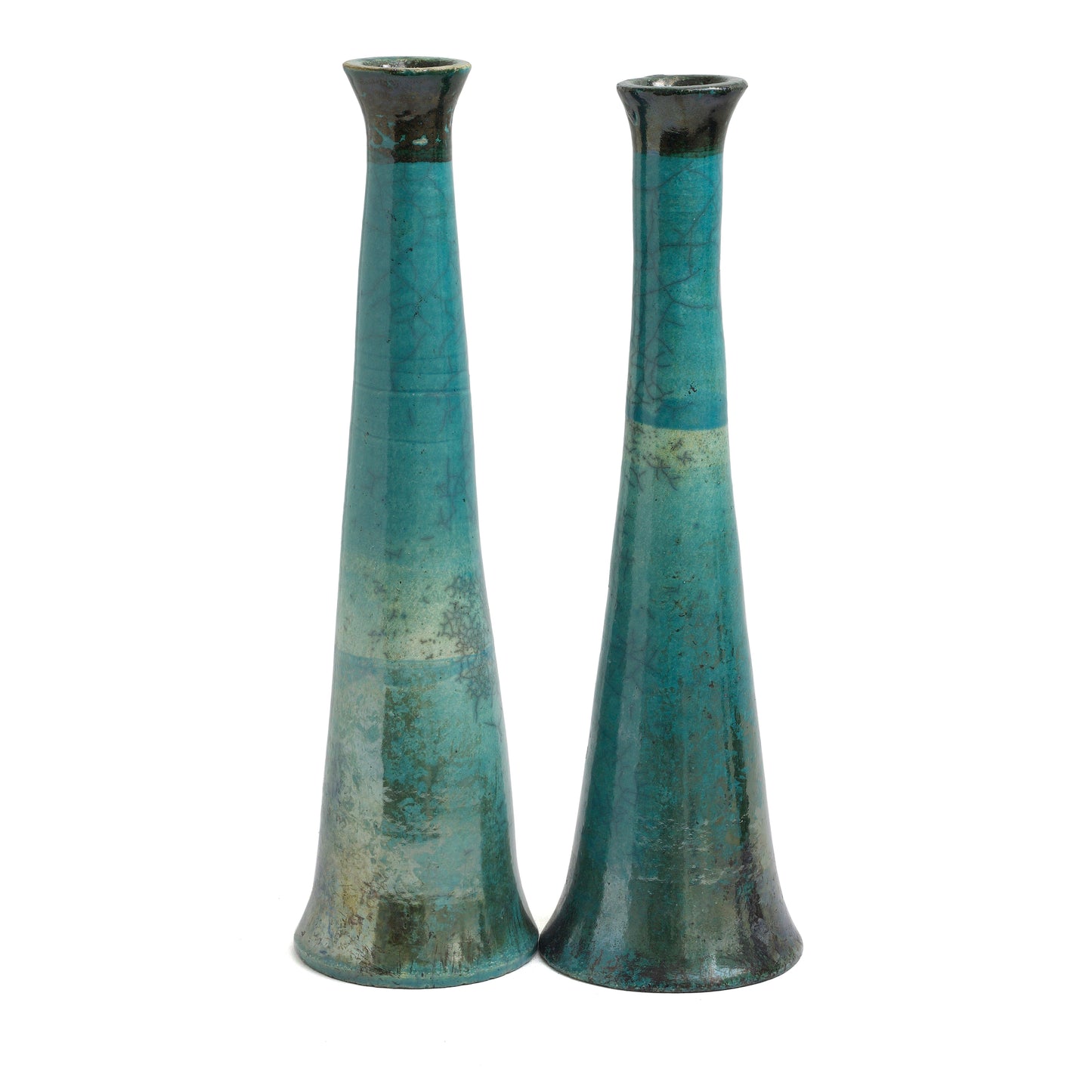 Japanese Modern Tamu Set of 2 Candle Holders Raku Ceramic Black Green