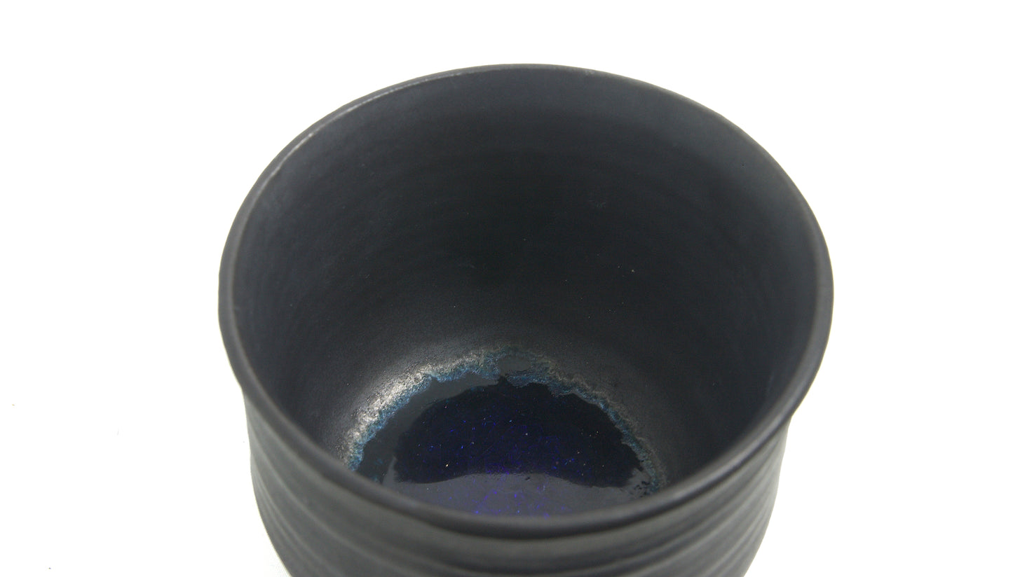 Japanese Tea Cup Raku Ceramic Unique Glass Bottom Black Raku