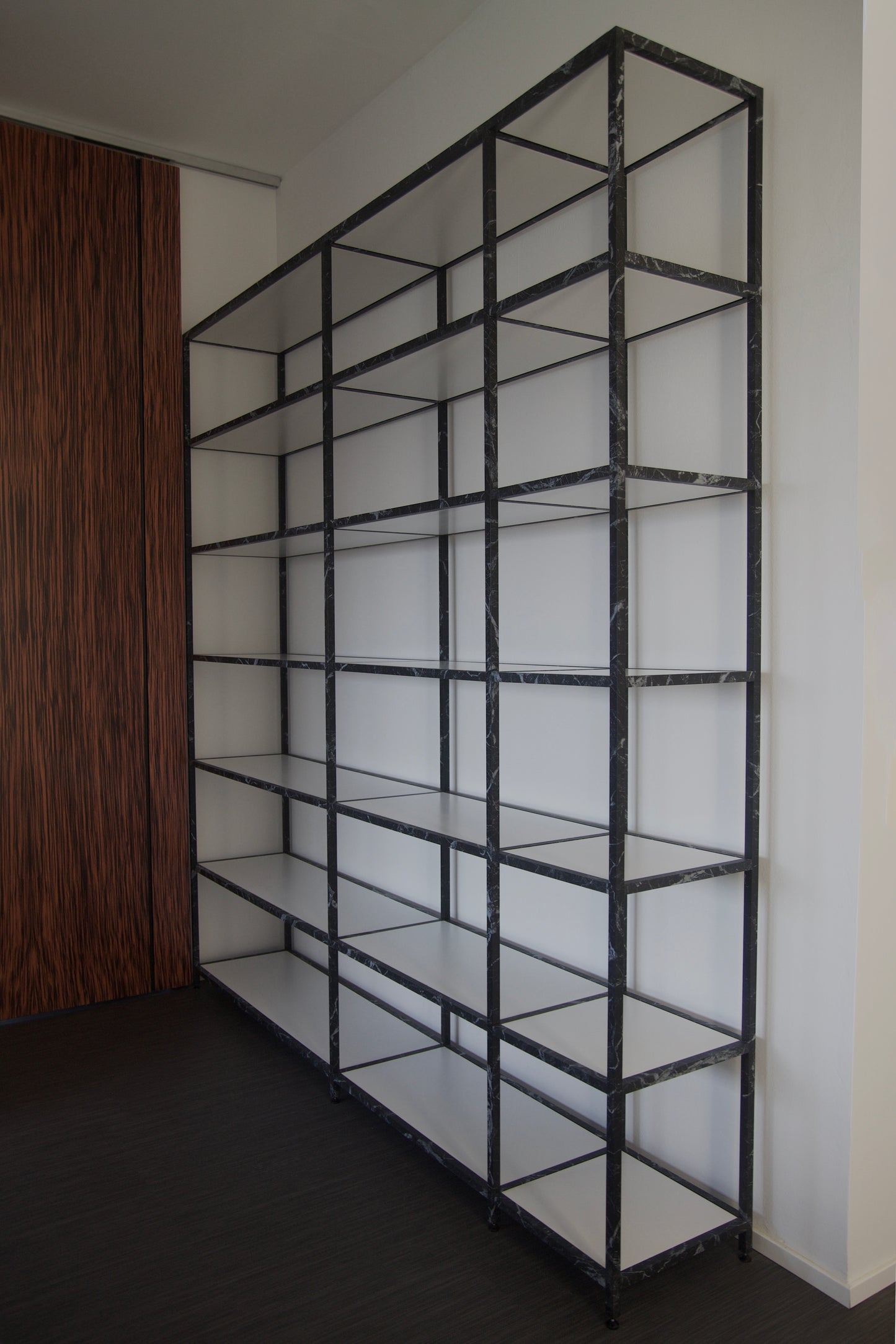 Spettro Minimalist Aluminium Bookcase Black Marquinia Marble Printing