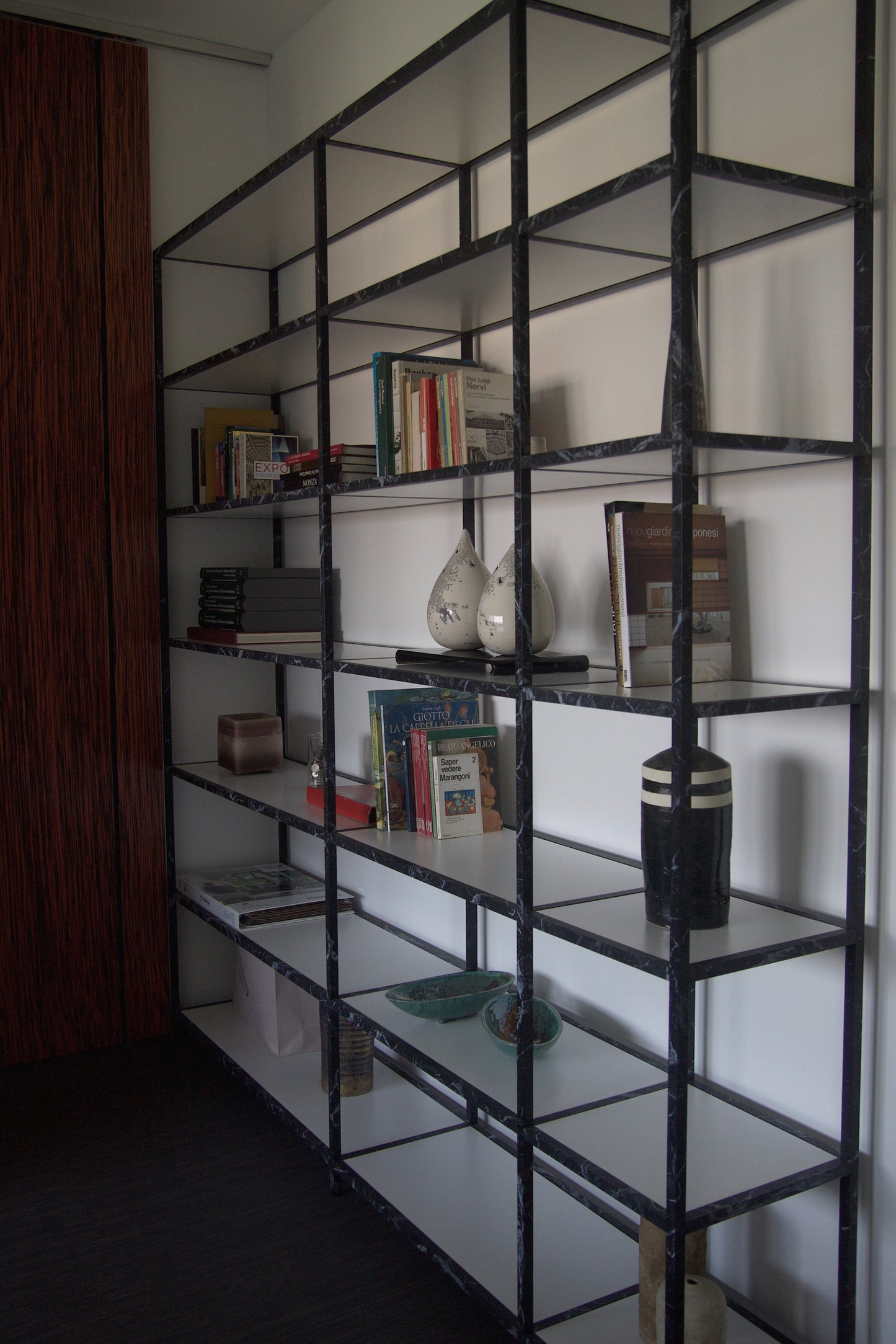 Spettro Minimalist Aluminium Bookcase Black Marquinia Marble Printing