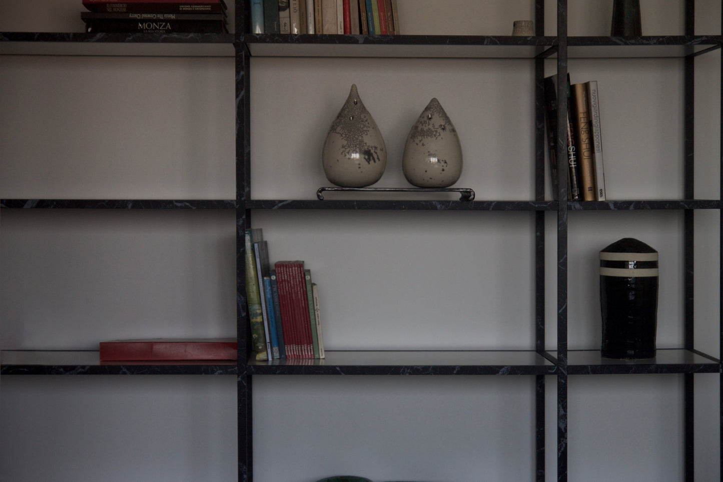 Spettro Minimalist Aluminium Bookcase Black Marquinia Marble Printing