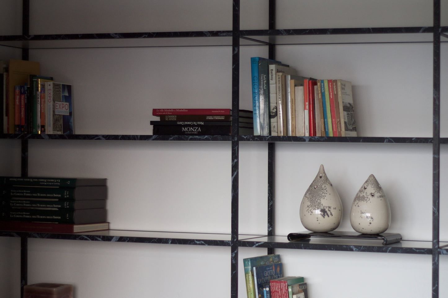 Spettro Minimalist Aluminium Bookcase Black Marquinia Marble Printing