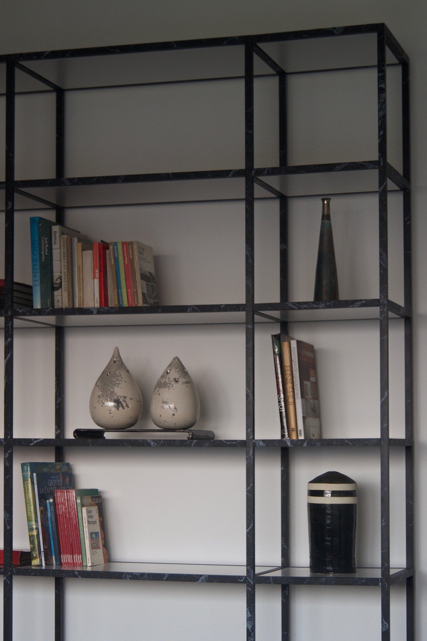 Spettro Minimalist Aluminium Bookcase Black Marquinia Marble Printing