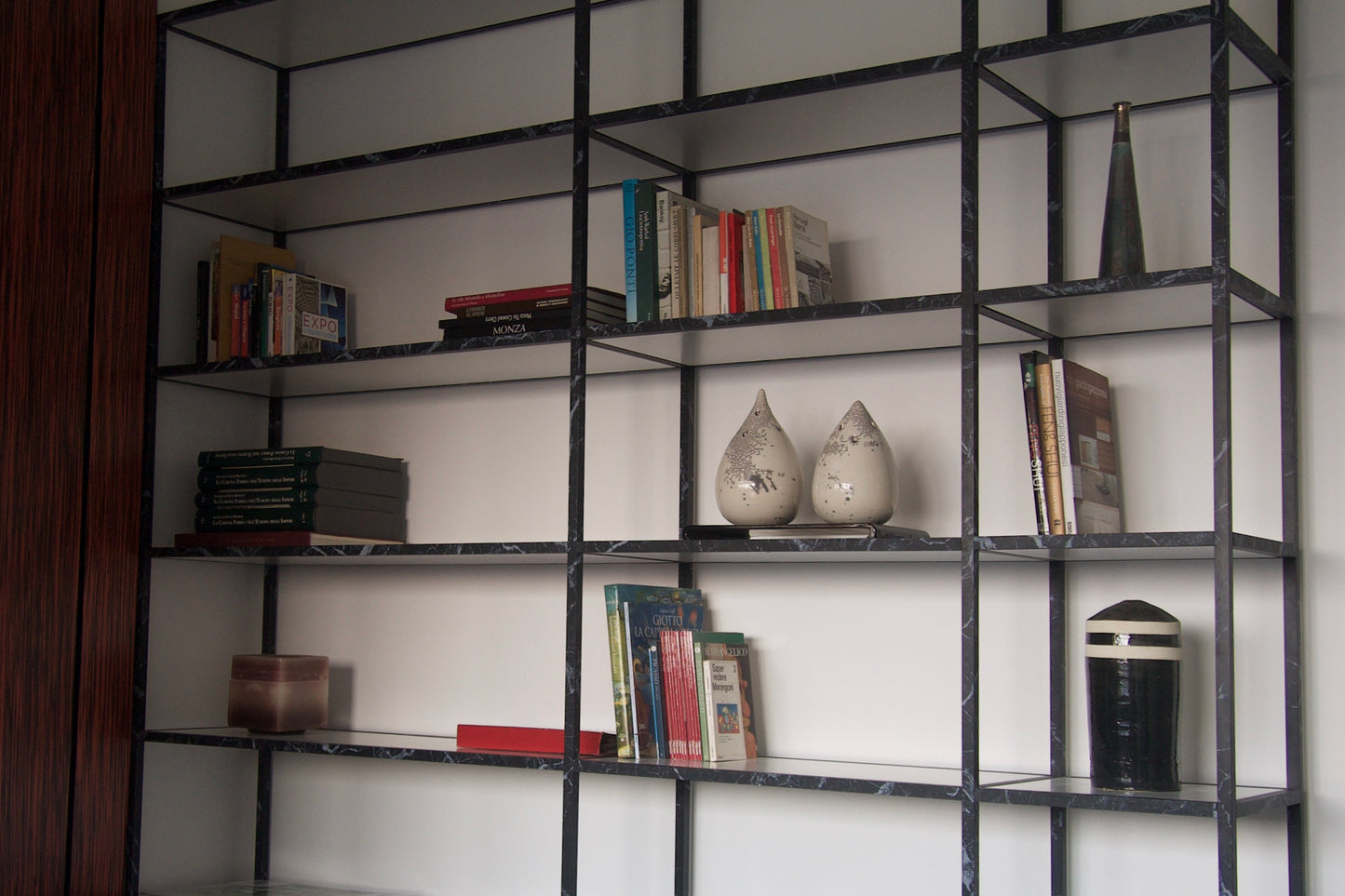 Spettro Minimalist Aluminium Bookcase Black Marquinia Marble Printing