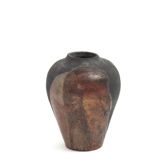 Modern Hydria Vase Raku Ceramic Black Burnt Metal Red Copper