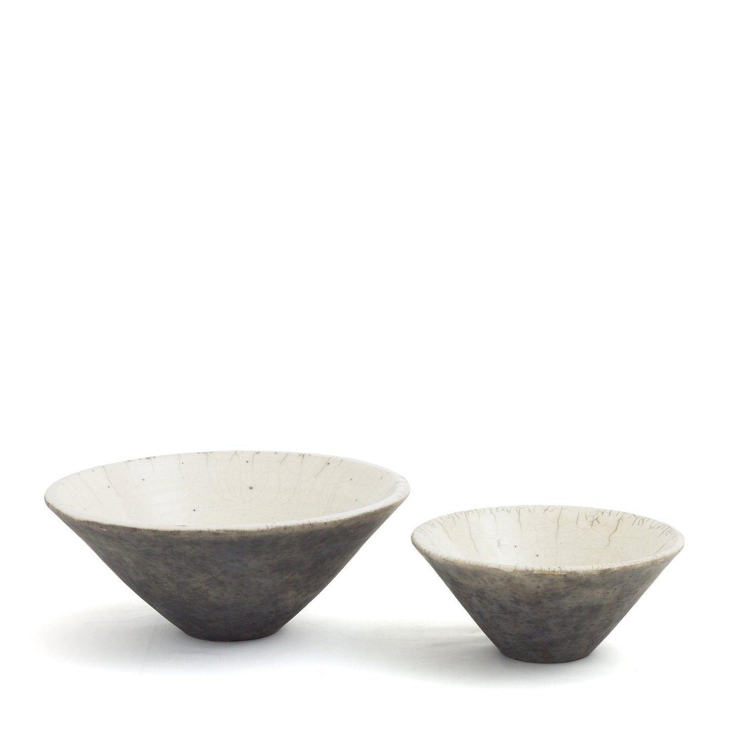 Japanese Modern Wu Set of 2 Bowls Raku Ceramics Crackle Black White