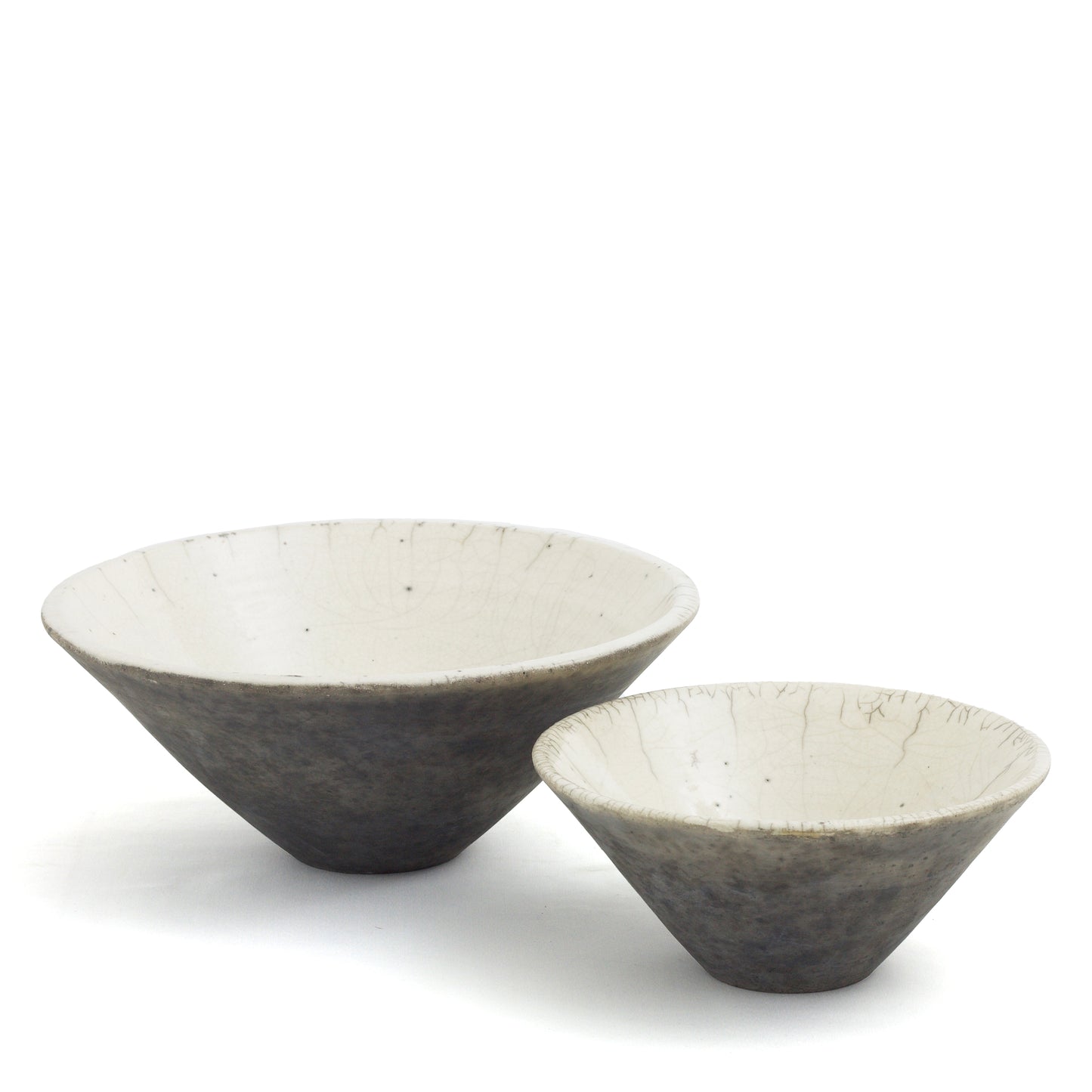 Japanese Modern Wu Set of 2 Bowls Raku Ceramics Crackle Black White