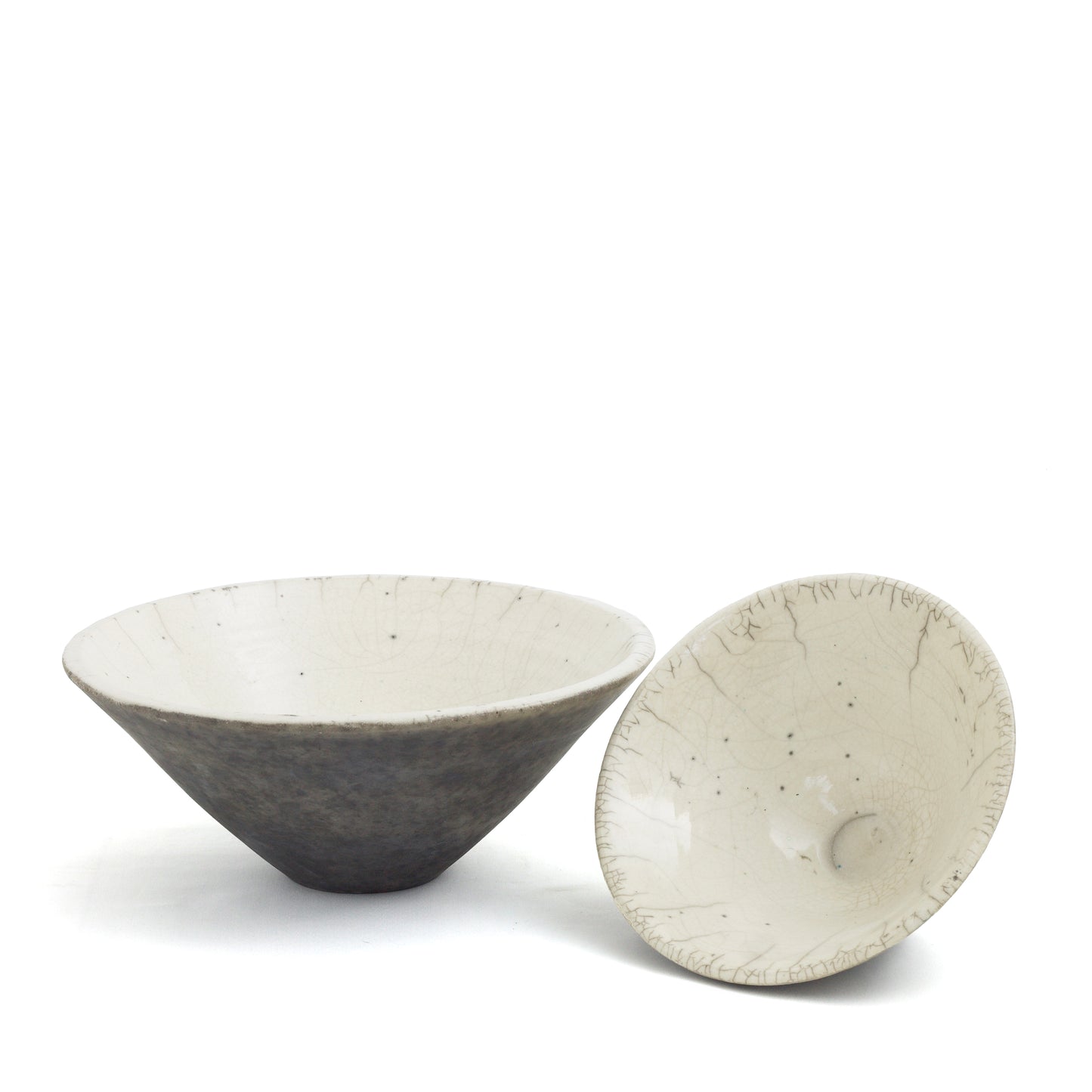 Japanese Modern Wu Set of 2 Bowls Raku Ceramics Crackle Black White