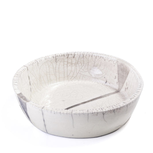 Contemporary Fringe Chawan Vase Raku Ceramic White Crakle