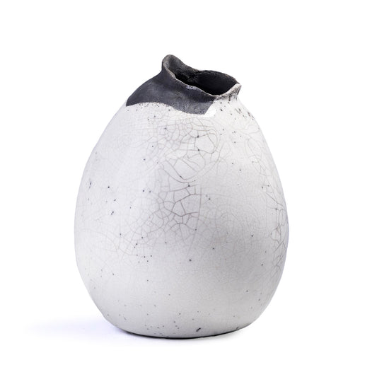 Japanese Modern Impermanenza Black Sculpture Raku Ceramic White Crakle