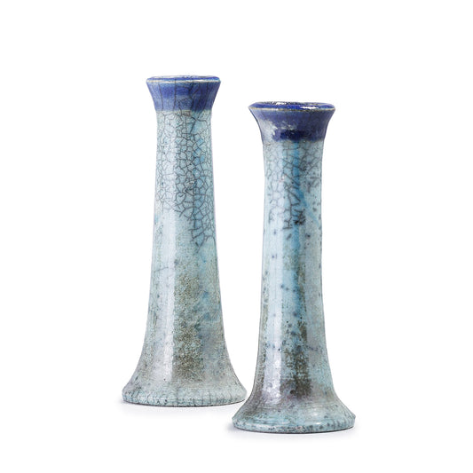Japanese 2 Stelo Candle Holders Raku Ceramic Blue